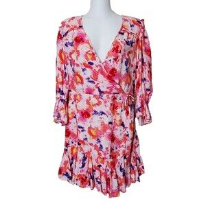 Betsey Johnson Dress Womens 8 Pink Floral Rose Bell Poet Sleeve Mini Faux Wrap